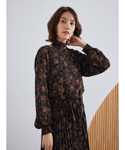 リボン付きフラワープリントブラウス