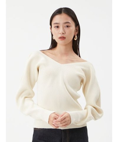 Vネックカーブスリーブリブニットトップス