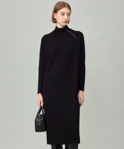 【洗える】 シルキーウールダブルフェイス ハイネックニットワンピース