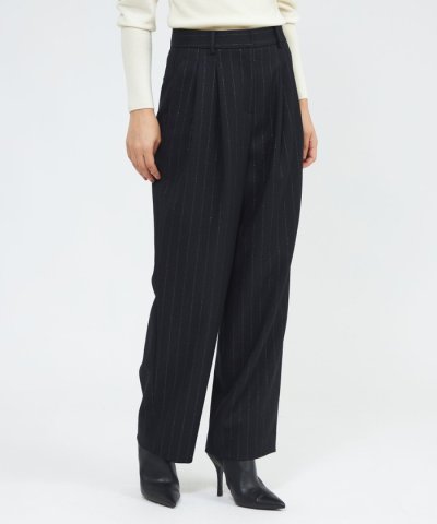 ウールラメストライプ タックワイドテーパードパンツ