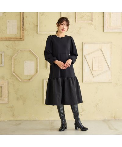 【吸湿発熱/保温性】異素材切替ティアードワンピース