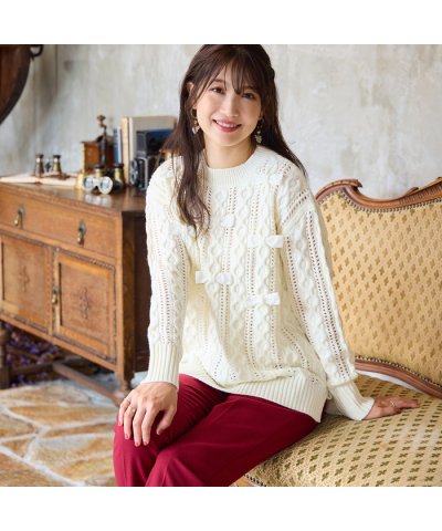 ローズティアラ RoseTiara リボン×ケーブル編みニットプルオーバー