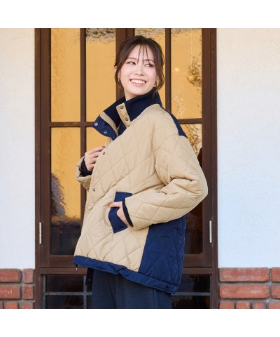 ダイヤ柄キルト加工中綿ジャケット