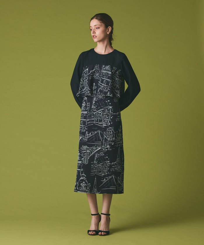 GRACECONTINENTAL プリントコンビドレス ブラック 36 GRACECONTINENTAL プリントコンビドレス ブラック 36