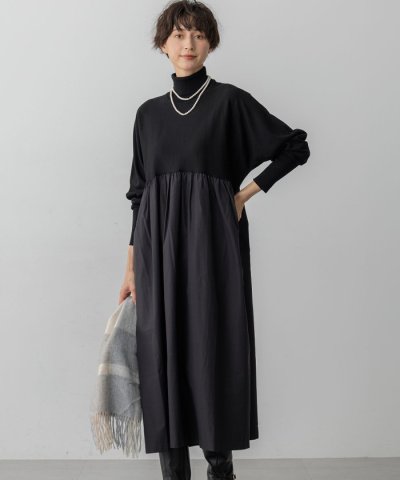 【洗える】ギャザーコンビ ニットワンピース