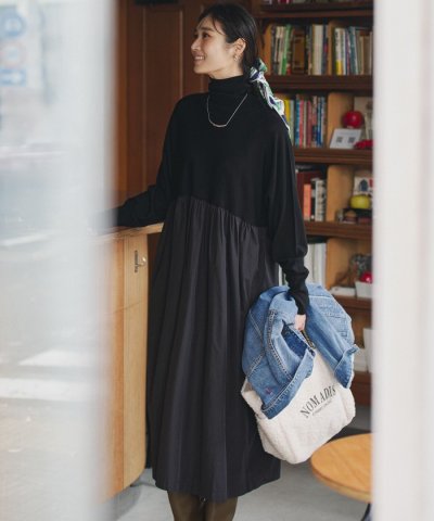 【洗える】ギャザーコンビ ニットワンピース