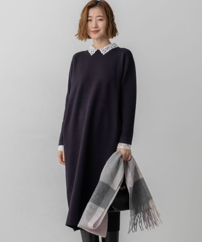 【洗える/吊り干しOK】ヴィスコースストレッチ レース襟 ワンピース