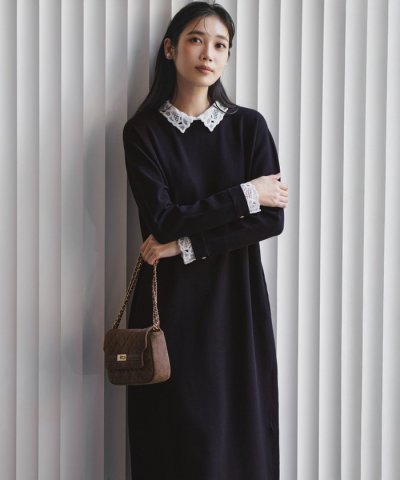 【洗える/吊り干しOK】ヴィスコースストレッチ レース襟 ワンピース