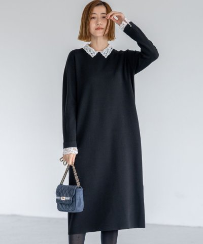 【洗える/吊り干しOK】ヴィスコースストレッチ レース襟 ワンピース