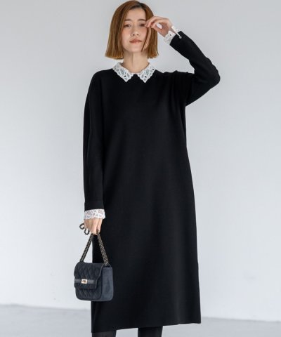 【洗える/吊り干しOK】ヴィスコースストレッチ レース襟 ワンピース