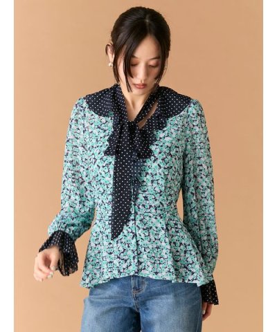 バイカラーフラワープリントボウタイブラウス