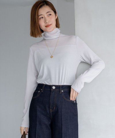 【洗える】チュールフライス シアーハイネック カットソー