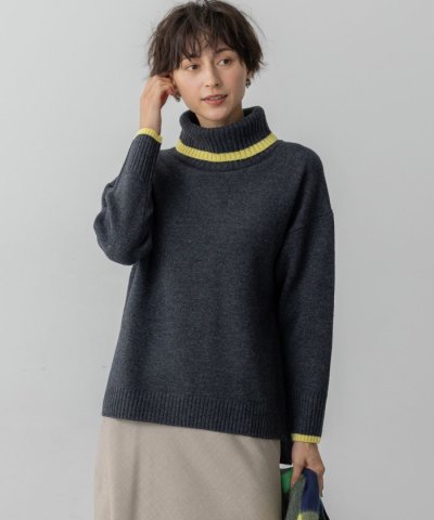 【洗える】ウールカシミヤ コンビカラー オフタートル ニット