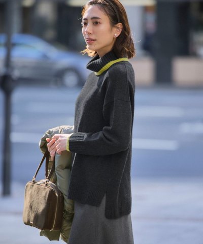 【洗える】ウールカシミヤ コンビカラー オフタートル ニット