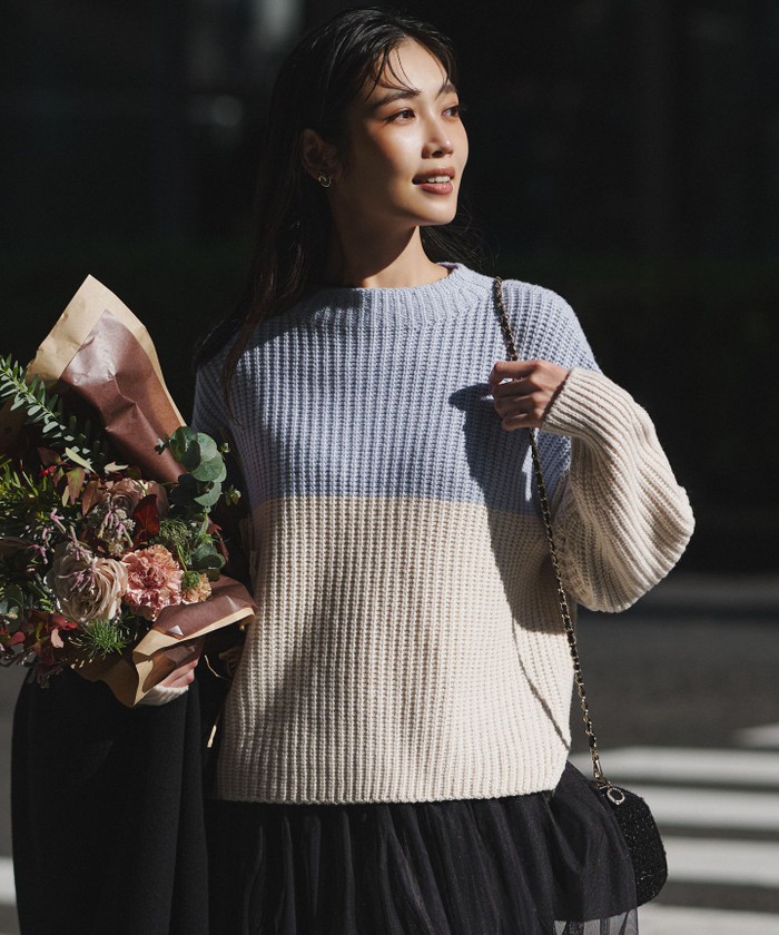 洗える】ウールカシミヤ カラーブロック バルキー ニット(508650261