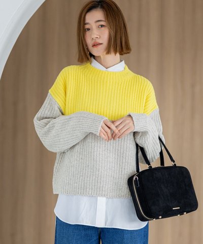 【洗える】ウールカシミヤ カラーブロック バルキー ニット