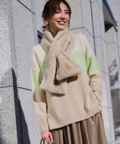 【洗える】ウールカシミヤ カラーブロック チュニック ニット