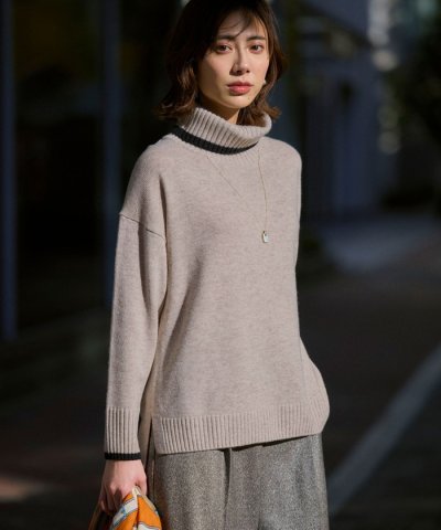 【洗える】ウールカシミヤ コンビカラー オフタートル ニット