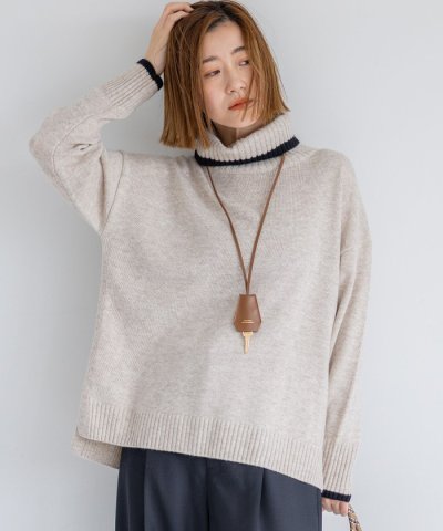【洗える】ウールカシミヤ コンビカラー オフタートル ニット