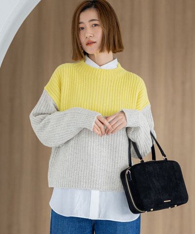 【洗える】ウールカシミヤ カラーブロック バルキー ニット