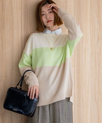 【洗える】ウールカシミヤ カラーブロック チュニック ニット