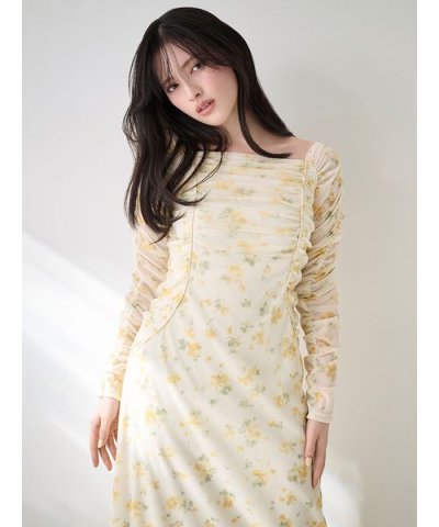 フロッキープリントギャザーワンピース