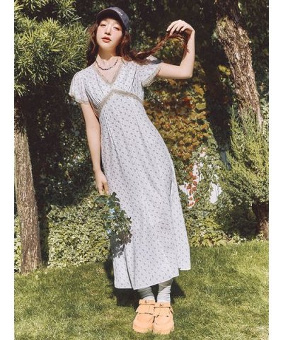 ロマンティックレーストリムプリントワンピース