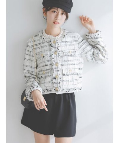 デタッチャブルフリルカラーツイードジャケット