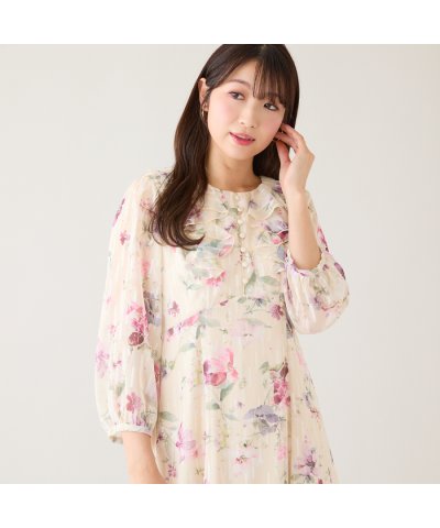 ローズティアラ RoseTiara ラメストライプフラワープリントワンピース