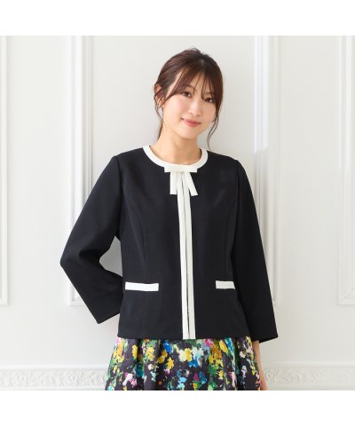 ローズティアラ RoseTiara 【リボンブローチ付】配色ノーカラージャケット
