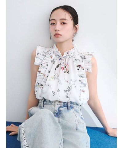 フラワープリントギャザーフリルブラウス