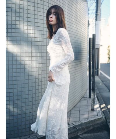 スクエアネックストレッチレースワンピース