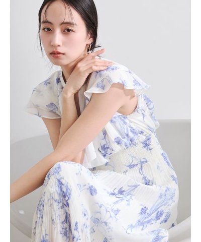 【00サイズあり】フリルウエストシャーリングプリントワンピース／ウォッシャブル