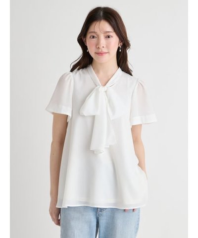 【洗える】ボウタイリボンハーフスリーブブラウス