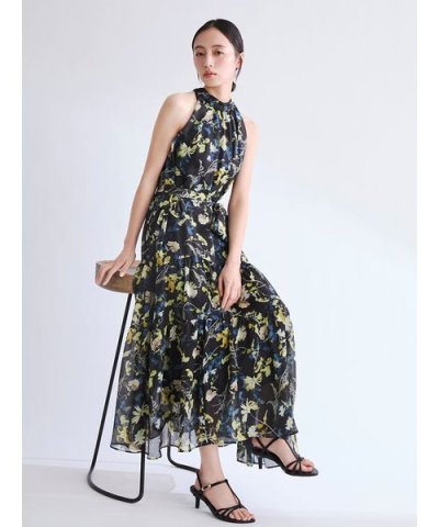 ホルターネックシアープリントワンピース