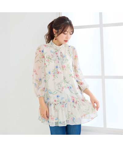 ローズティアラ RoseTiara ボタニカルプリントリボンタイチュニック