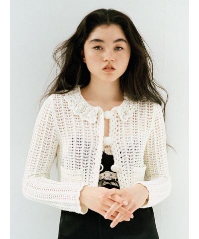 [L.B CANDY STOCK]クロシェ編みビジューニットカーディガン