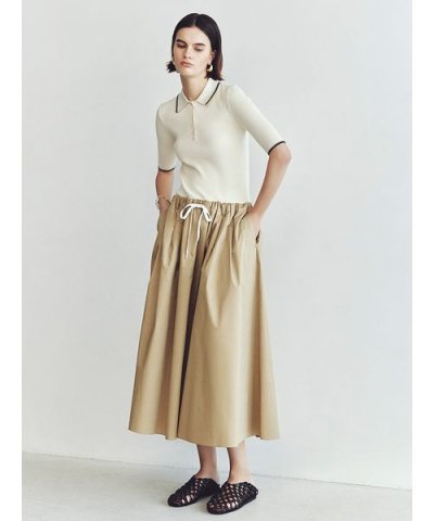 【WEB限定カラー】ポロニット×タックフレアスカートドッキングワンピース