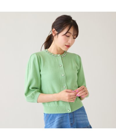 ローズティアラ RoseTiara 【綿100%】鹿の子編みビジューカーディガン