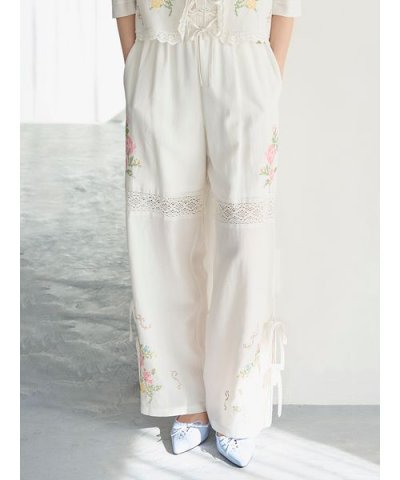 フラワークロスステッチリボンパンツ