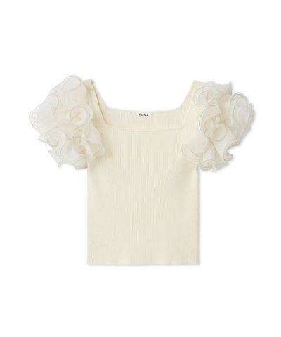 オーガンジーフリルスリーブニット