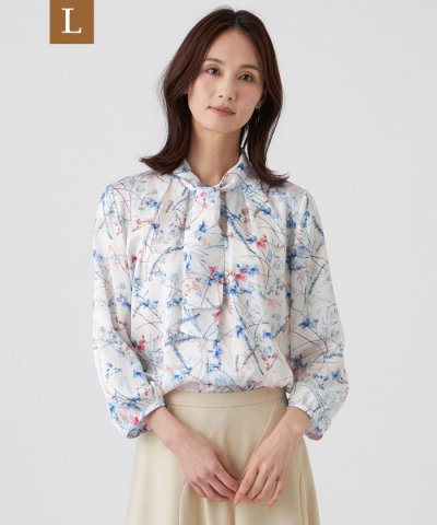 【L】【ウォッシャブル】サテンフラワープリントブラウス