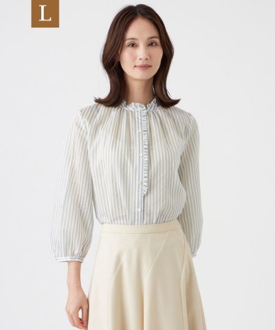 【L】【ウォッシャブル】マルチストライプブラウス