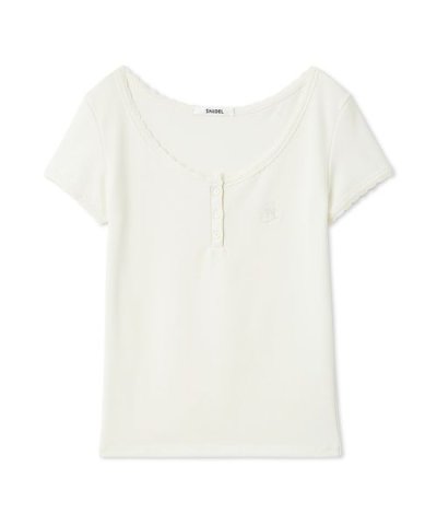 【WEB限定カラーあり】レースデザインヘンリーネックTシャツ