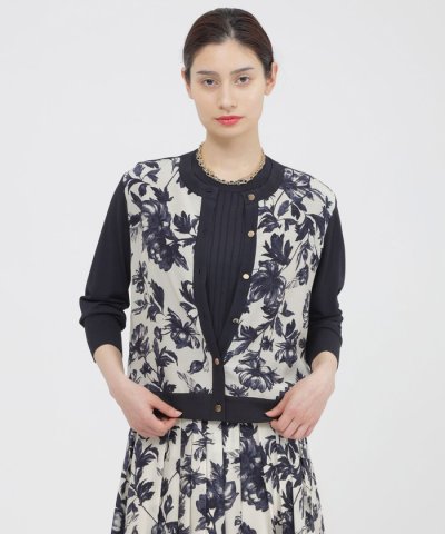 【ウォッシャブル】シャイニーストレッチ/シアーフラワープリント　カーディガン