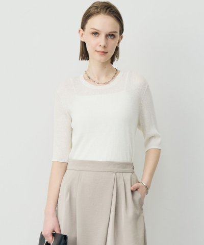 リネンブレンドシアー クルーネックリブニット