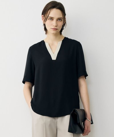 BackSatinAmunzen 5分袖Vネック配色ブラウス
