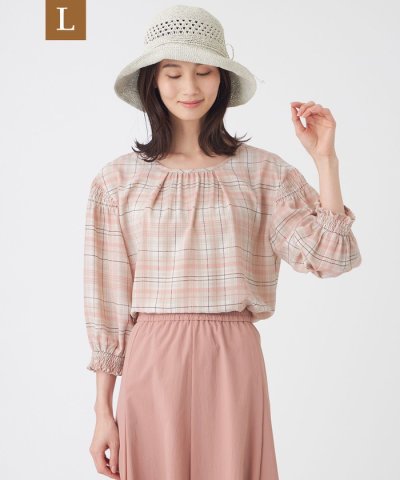 【L】【ウォッシャブル】シアーチェックプリントブラウス