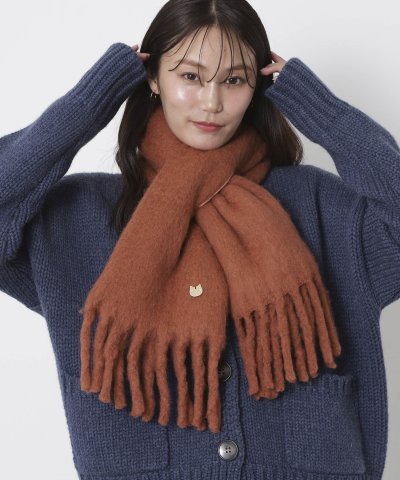 【インド製】ウール混ボリュームマフラー 18×120cm 無地 ネコチャーム