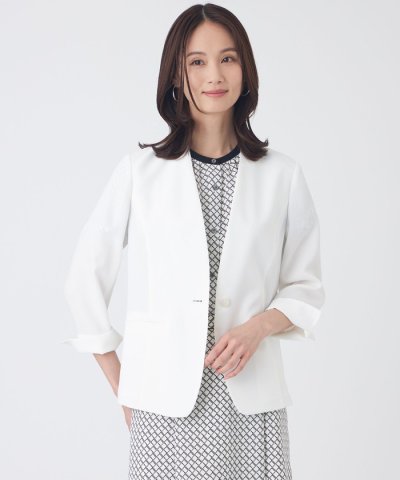 【UV対策・着用しわ軽減・・ウォッシャブル】エアリーコードレーンノーカラージャケ